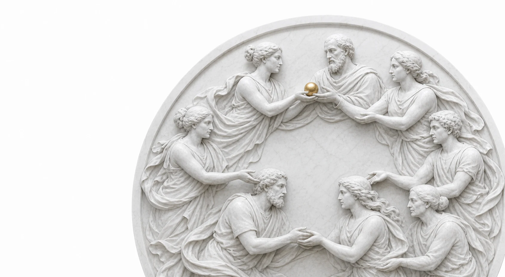 A circular marble relief depicts figures passing a gilded sphere through a procession.