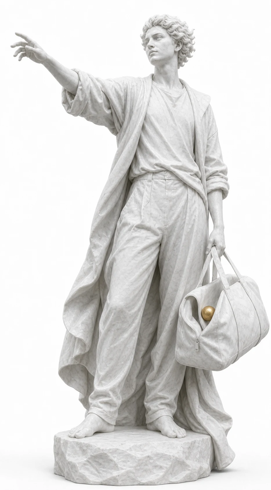 A marble founder points west while carrying a travel bag with a gilded sphere.